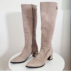 Stuart Weitzman gray pearl embellished tall boots